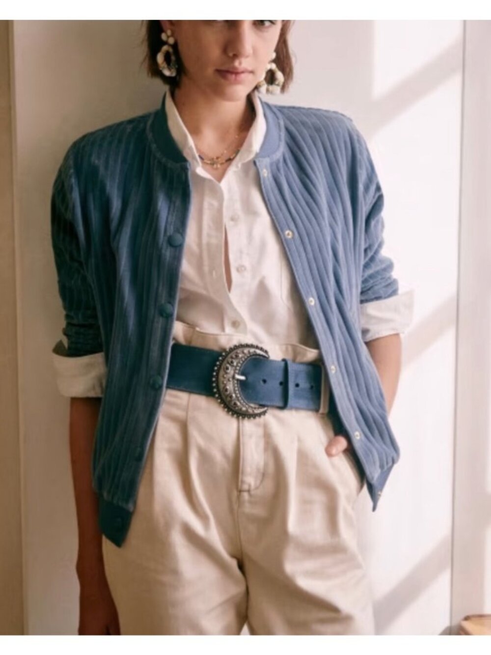 Sezane Blouson Iris cotton velvet jacket vintage blue SZM bust 43in